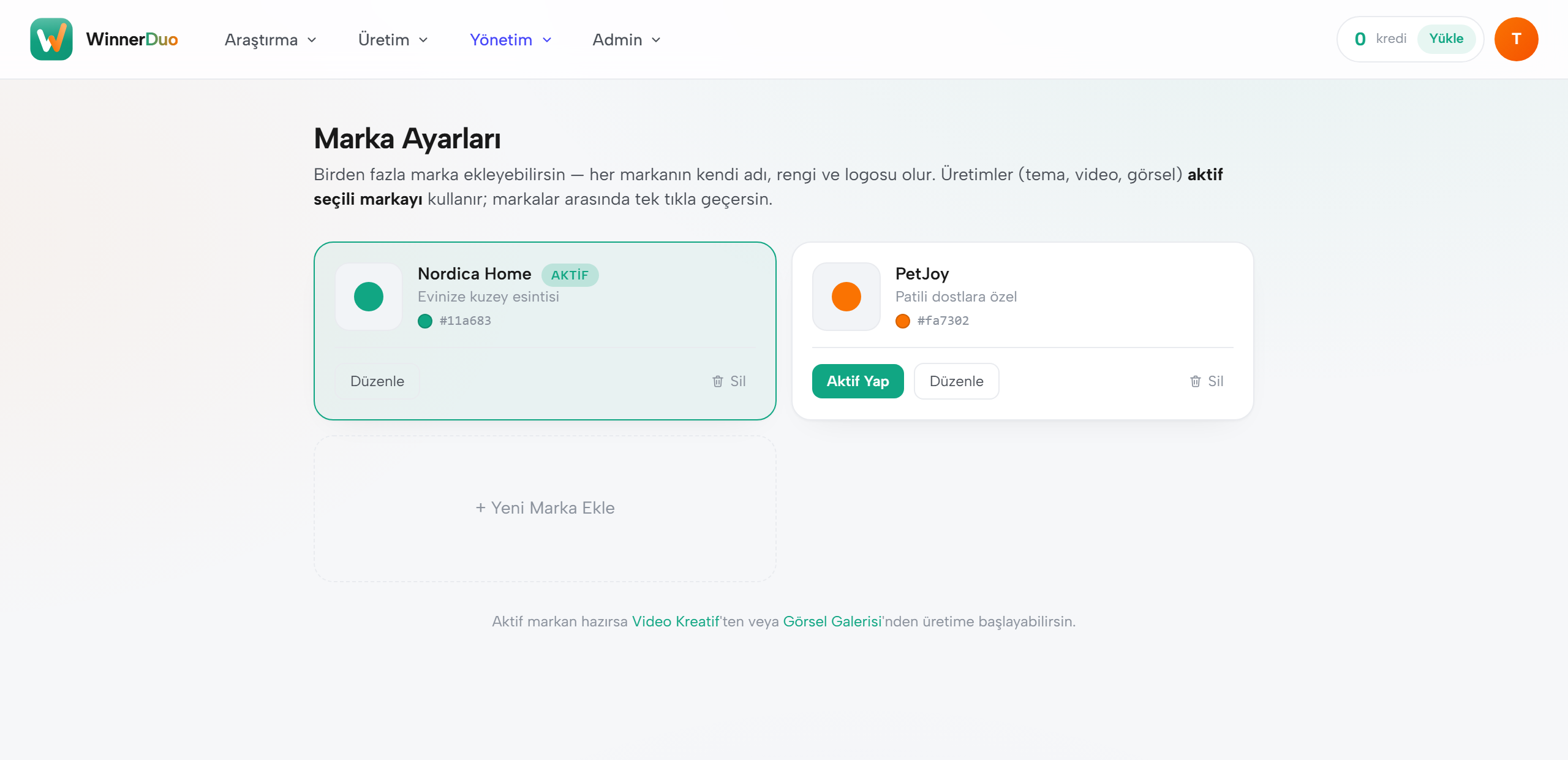 WinnerDuo marka ayarları ekranı